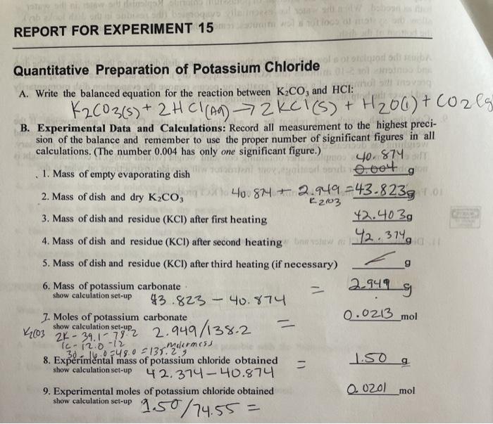 Experiment 15 quantitative preparation of potassium chloride