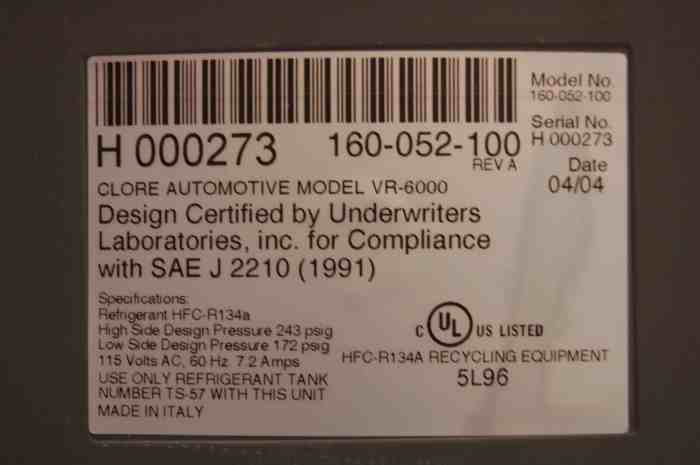 Recovery/recycling/recharging equipment certified to sae j2788: