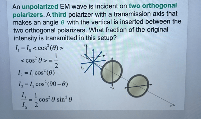 An unpolarized em wave is incident on two orthogonal polarizers