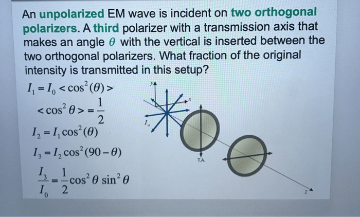 An unpolarized em wave is incident on two orthogonal polarizers