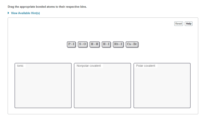 Element following consider combinations ionic bonds classify formed pair covalent polar each between drag appropriate bins respective their items conduct